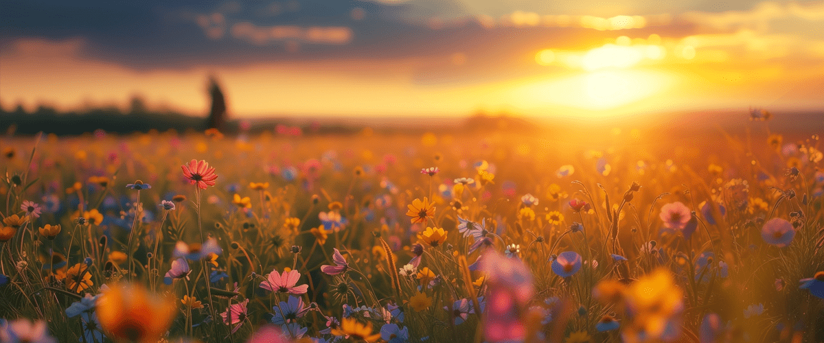 En guldgul solnedgång över en somrig blomsteräng.